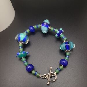 Handcrafted Blue & Green Glass Bead Bracelet with Toggle Clasp
